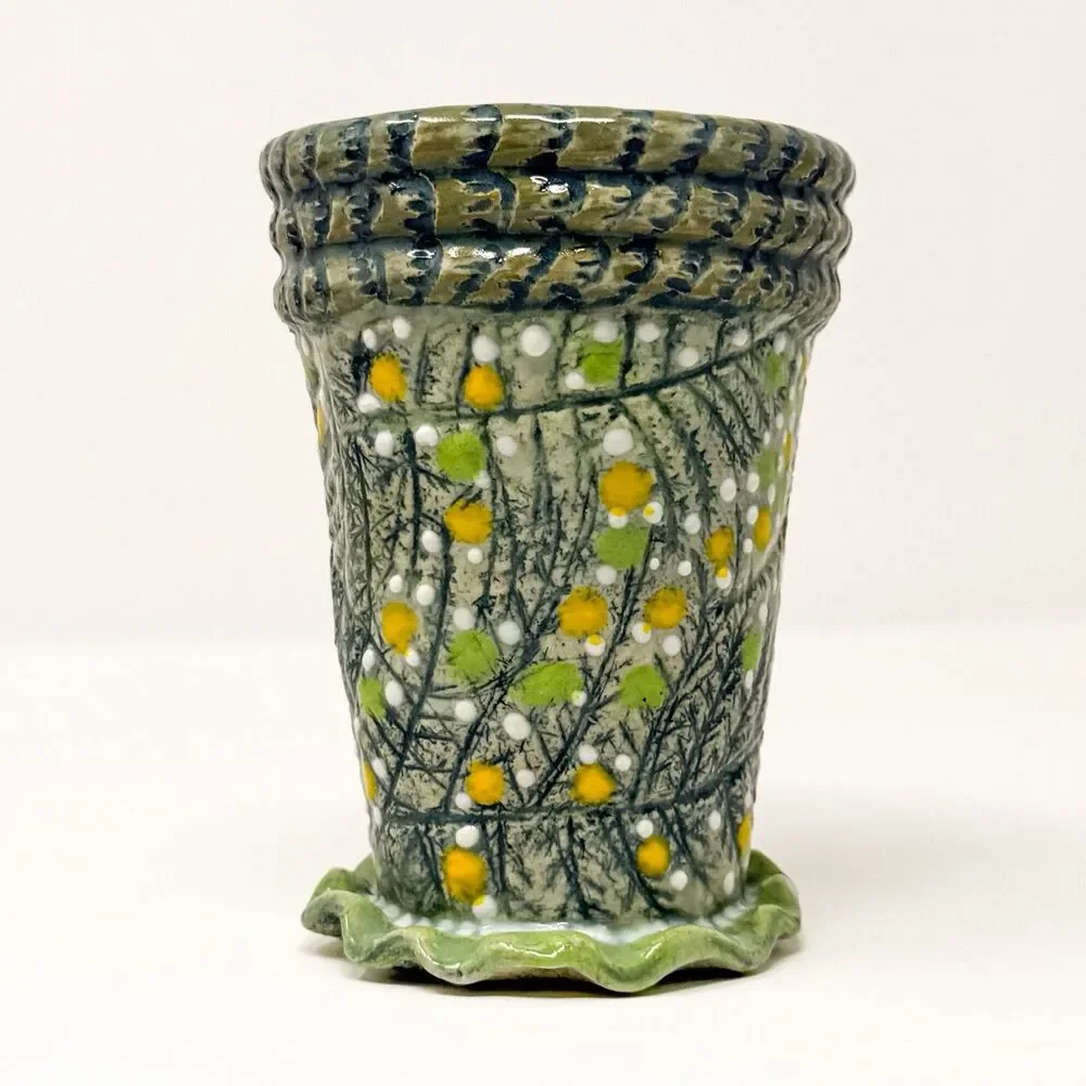 Signed Studio Art Pottery Vase Handmade Textured Floral Daisy Folk Art OOAK